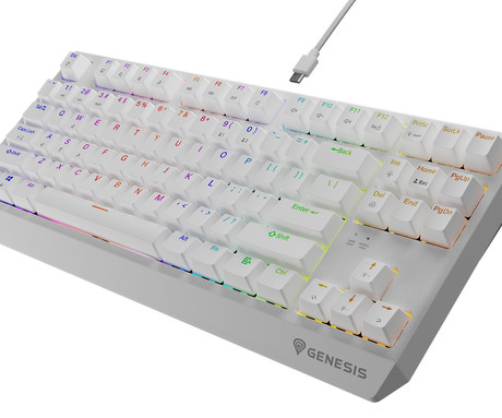 GENESIS THOR 230 TKL gaming mehanska tipkovnica, žična, RGB LED osvetlitev, Hot-Swap tehnologija, Anti-Ghosting, Outemu Brown stikala, spomin, programska oprema, Plug & Play, F1-F12, bela