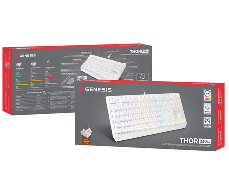 GENESIS THOR 230 TKL gaming mehanska tipkovnica, žična, RGB LED osvetlitev, Hot-Swap tehnologija, Anti-Ghosting, Outemu Brown stikala, spomin, programska oprema, Plug & Play, F1-F12, bela