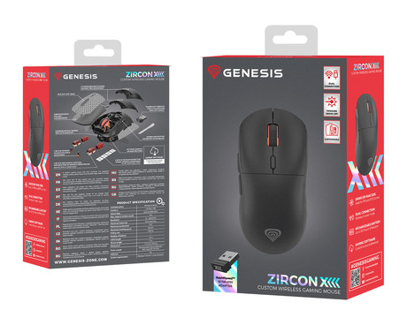 GENESIS ZIRCON XIII brezžična miška, gaming / pisarniška, 26.000DPI, USB 2.4GHz / USB Type-C, 7 gumbov, polnilna baterija, spomin, programska oprema, Plug & Play, črna (Onyx Black)