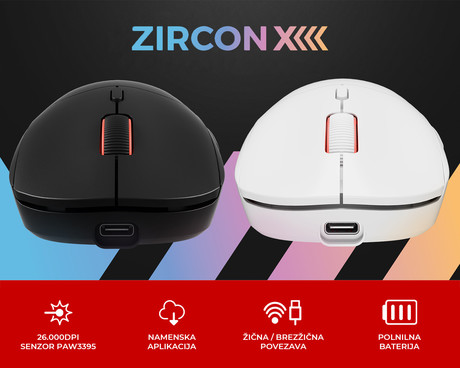 GENESIS ZIRCON XIII brezžična miška, gaming / pisarniška, 26.000DPI, USB 2.4GHz / USB Type-C, 7 gumbov, polnilna baterija, spomin, programska oprema, Plug & Play, črna (Onyx Black)