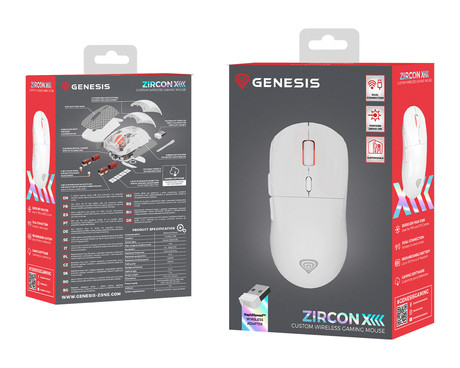 GENESIS ZIRCON XIII brezžična miška, gaming / pisarniška, 26.000DPI, USB 2.4GHz / USB Type-C, 7 gumbov, polnilna baterija, spomin, programska oprema, Plug & Play, bela (Howlite White)