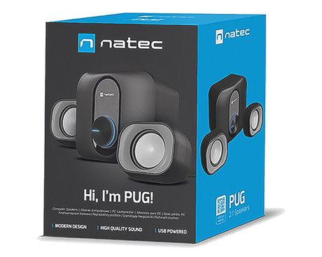 Natec PUG računalniški zvočniki, 2.1 STEREO, 11W RMS, Plug & Play, USB-A, 3.5mm minijack, nadzor glasnosti, LED osvetlitev, črni