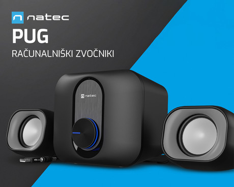 Natec PUG računalniški zvočniki, 2.1 STEREO, 11W RMS, Plug & Play, USB-A, 3.5mm minijack, nadzor glasnosti, LED osvetlitev, črni