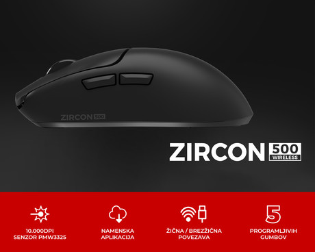GENESIS ZIRCON 500 brezžična miška, gaming / pisarniška, 10.000DPI, Bluetooth 5.0 / USB 2.4GHz / USB Type-C, 6 gumbov, polnilna baterija, spomin, programska oprema, Plug & Play, črna (Onyx Black)