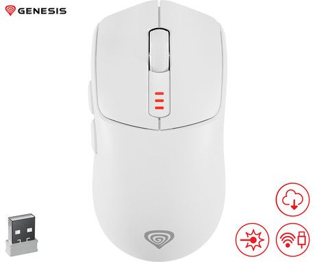 GENESIS ZIRCON 500 brezžična miška, gaming / pisarniška, 10.000DPI, Bluetooth 5.0 / USB 2.4GHz / USB Type-C, 6 gumbov, polnilna baterija, spomin, programska oprema, Plug & Play, bela (Howlite White)