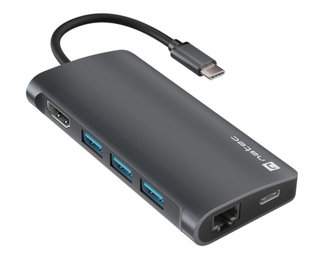 Natec FOWLER 2 adapter USB hub, 3x USB-A 3.0, 1x HDMI, 1x Ethernet RJ-45, 1x USB-C, 1x SD/microSD, max 4K UHD, 5 GB/s, Plug&Play, Power Delivery 3.0, 100W, siv