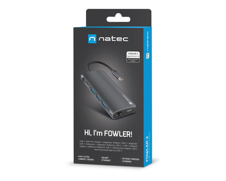 Natec FOWLER 2 adapter USB hub, 3x USB-A 3.0, 1x HDMI, 1x Ethernet RJ-45, 1x USB-C, 1x SD/microSD, max 4K UHD, 5 GB/s, Plug&Play, Power Delivery 3.0, 100W, siv