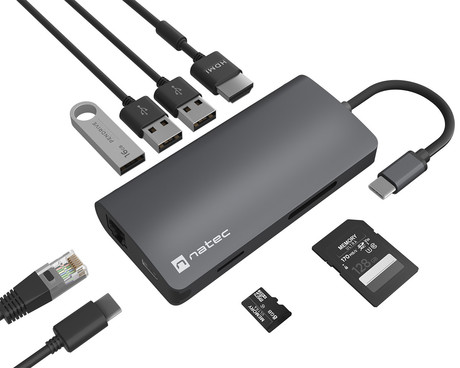 Natec FOWLER 2 adapter USB hub, 3x USB-A 3.0, 1x HDMI, 1x Ethernet RJ-45, 1x USB-C, 1x SD/microSD, max 4K UHD, 5 GB/s, Plug&Play, Power Delivery 3.0, 100W, siv