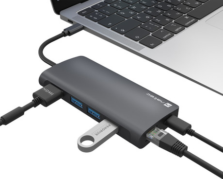 Natec FOWLER 2 adapter USB hub, 3x USB-A 3.0, 1x HDMI, 1x Ethernet RJ-45, 1x USB-C, 1x SD/microSD, max 4K UHD, 5 GB/s, Plug&Play, Power Delivery 3.0, 100W, siv