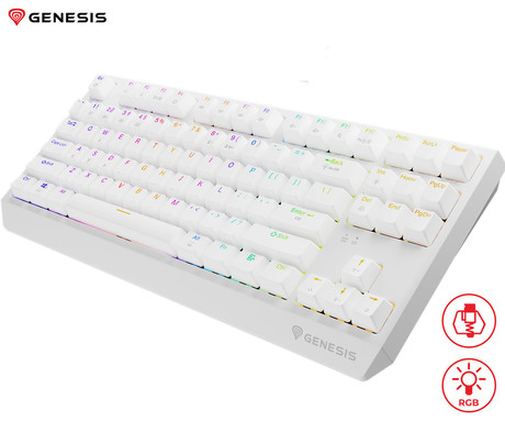 GENESIS THOR 230 TKL gaming mehanska tipkovnica, brezžična / žična, USB 2.4GHz / BT / USB-C, baterija, RGB LED, Hot-Swap, Anti-Ghosting, Outemu Red, spomin, programska oprema, Plug&Play, F1-F12, bela