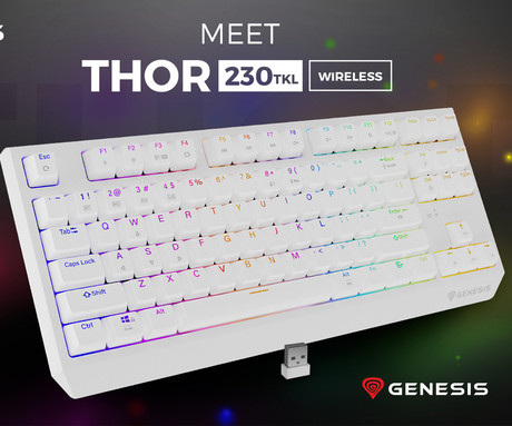 GENESIS THOR 230 TKL gaming mehanska tipkovnica, brezžična / žična, USB 2.4GHz / BT / USB-C, baterija, RGB LED, Hot-Swap, Anti-Ghosting, Outemu Red, spomin, programska oprema, Plug&Play, F1-F12, bela