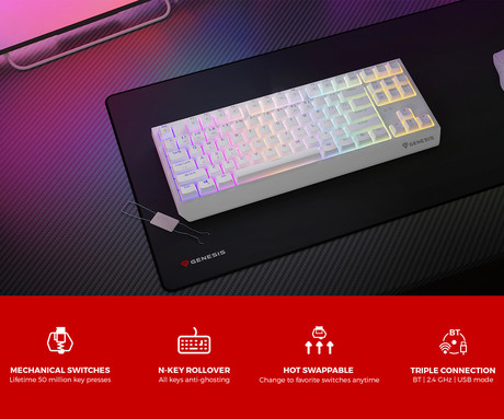 GENESIS THOR 230 TKL gaming mehanska tipkovnica, brezžična / žična, USB 2.4GHz / BT / USB-C, baterija, RGB LED, Hot-Swap, Anti-Ghosting, Outemu Red, spomin, programska oprema, Plug&Play, F1-F12, bela