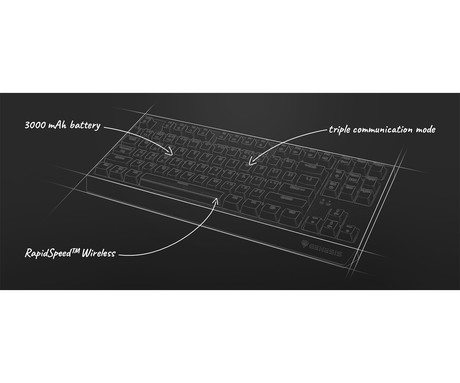 GENESIS THOR 230 TKL gaming mehanska tipkovnica, brezžična / žična, USB 2.4GHz / BT / USB-C, baterija, RGB LED, Hot-Swap, Anti-Ghosting, Outemu Red, spomin, programska oprema, Plug&Play, F1-F12, bela