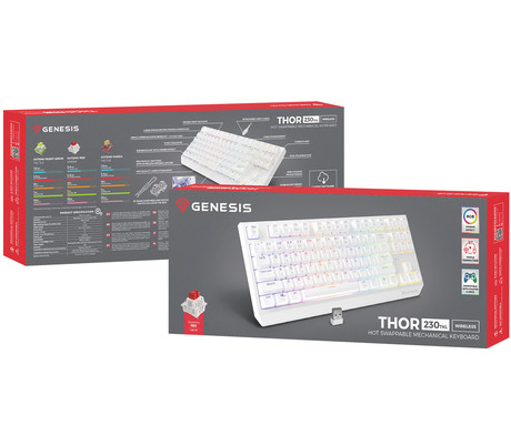 GENESIS THOR 230 TKL gaming mehanska tipkovnica, brezžična / žična, USB 2.4GHz / BT / USB-C, baterija, RGB LED, Hot-Swap, Anti-Ghosting, Outemu Red, spomin, programska oprema, Plug&Play, F1-F12, bela