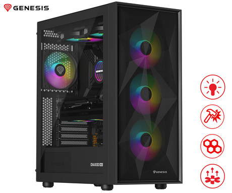 GENESIS DIAXID 605 ARGB računalniško ohišje, Midi Tower, 4x ventilator, AIO LC do 420mm, GPU do 351mm, CPU Cooler do 168mm, MESH plošča, kaljeno steklo, ARGB LED osvetlitev, 420x217x466mm, črno