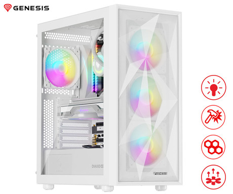 GENESIS DIAXID 605 ARGB računalniško ohišje, Midi Tower, 4x ventilator, AIO LC do 420mm, GPU do 351mm, CPU Cooler do 168mm, MESH plošča, kaljeno steklo, ARGB LED osvetlitev, 420x217x466mm, belo