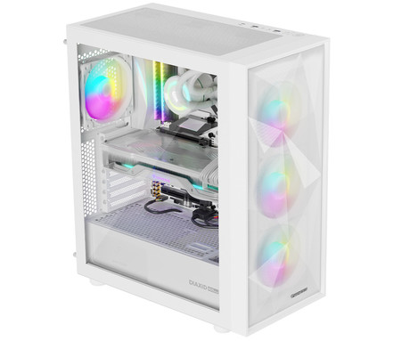 GENESIS DIAXID 605 ARGB računalniško ohišje, Midi Tower, 4x ventilator, AIO LC do 420mm, GPU do 351mm, CPU Cooler do 168mm, MESH plošča, kaljeno steklo, ARGB LED osvetlitev, 420x217x466mm, belo