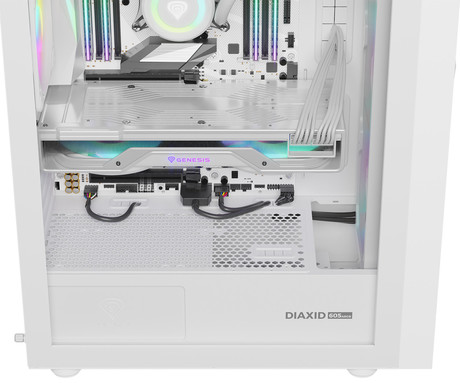 GENESIS DIAXID 605 ARGB računalniško ohišje, Midi Tower, 4x ventilator, AIO LC do 420mm, GPU do 351mm, CPU Cooler do 168mm, MESH plošča, kaljeno steklo, ARGB LED osvetlitev, 420x217x466mm, belo