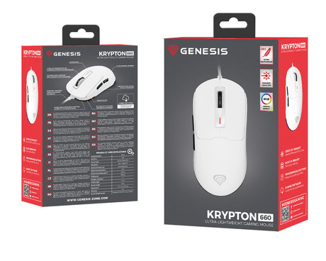 GENESIS KRYPTON 660 žična miška, gaming / pisarniška, 12.000DPI, ultra lahka teža, 6 gumbov, RGB LED osvetlitev, spomin, programska oprema, Plug & Play, 180cm kabel, bela (Howlite White)