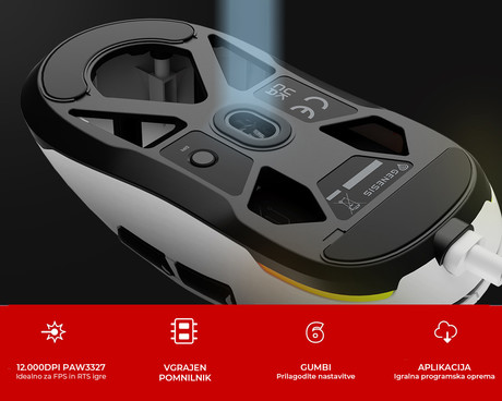 GENESIS KRYPTON 660 žična miška, gaming / pisarniška, 12.000DPI, ultra lahka teža, 6 gumbov, RGB LED osvetlitev, spomin, programska oprema, Plug & Play, 180cm kabel, bela (Howlite White)