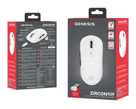 GENESIS ZIRCON 660 brezžična miška, gaming / pisarniška, 12.000DPI, USB 2.4GHz / Bluetooth / USB Type-C, 6 gumbov, polnilna baterija, spomin, programska oprema, Plug & Play, bela (Howlite White)