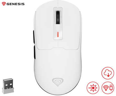 GENESIS ZIRCON 660 brezžična miška, gaming / pisarniška, 12.000DPI, USB 2.4GHz / Bluetooth / USB Type-C, 6 gumbov, polnilna baterija, spomin, programska oprema, Plug & Play, bela (Howlite White)