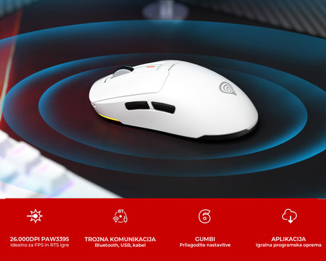 GENESIS ZIRCON 660 brezžična miška, gaming / pisarniška, 12.000DPI, USB 2.4GHz / Bluetooth / USB Type-C, 6 gumbov, polnilna baterija, spomin, programska oprema, Plug & Play, bela (Howlite White)