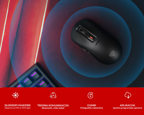 GENESIS ZIRCON 660 PRO brezžična miška, gaming / pisarniška, 26.000DPI, USB 2.4GHz / Bluetooth / USB Type-C, 6 gumbov, polnilna baterija, spomin, programska oprema, Plug & Play, črna (Onyx Black)