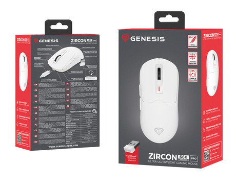 GENESIS ZIRCON 660 PRO brezžična miška, gaming / pisarniška, 26.000DPI, USB 2.4GHz / Bluetooth / USB Type-C, 6 gumbov, polnilna baterija, spomin, programska oprema, Plug & Play, bela (Howlite White)