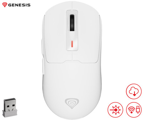 GENESIS ZIRCON 660 PRO brezžična miška, gaming / pisarniška, 26.000DPI, USB 2.4GHz / Bluetooth / USB Type-C, 6 gumbov, polnilna baterija, spomin, programska oprema, Plug & Play, bela (Howlite White)