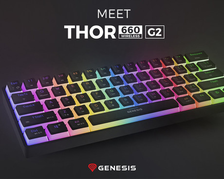 GENESIS THOR 660 G2 gaming mehanska tipkovnica, žična / brezžična, USB 2.4GHz / BT 5.0 / USB-C, baterija, RGB LED, RapidSpeed, Gateron Brown stikala, spomin, programska oprema, Plug & Play, črna