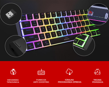 GENESIS THOR 660 G2 gaming mehanska tipkovnica, žična / brezžična, USB 2.4GHz / BT 5.0 / USB-C, baterija, RGB LED, RapidSpeed, Gateron Brown stikala, spomin, programska oprema, Plug & Play, črna