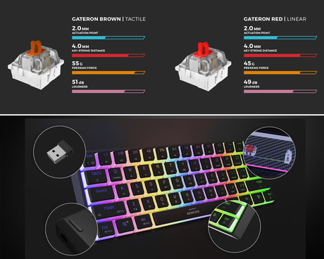 GENESIS THOR 660 G2 gaming mehanska tipkovnica, žična / brezžična, USB 2.4GHz / BT 5.0 / USB-C, baterija, RGB LED, RapidSpeed, Gateron Brown stikala, spomin, programska oprema, Plug & Play, črna