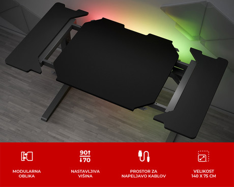 GENESIS HOLM MODULAR 140 pisarniška / gaming miza, modularna, robustna konstrukcija, nastavljiva višina, RGB LED osvetlitev, napeljava kablov, 2x držalo, 140x75cm, črna GENESIS HOLM MODULAR 140 pisarniška / gaming miza, modularna, robustna konstrukcija, nastavljiva višina, RGB LED osvetlitev, napeljava kablov, 2x držalo, 140x75cm, črna