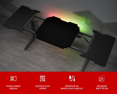 GENESIS HOLM MODULAR 160 pisarniška / gaming miza, modularna, robustna konstrukcija, nastavljiva višina, RGB LED osvetlitev, napeljava kablov, 2x držalo, 160x75cm, črna GENESIS HOLM MODULAR 160 pisarniška / gaming miza, modularna, robustna konstrukcija, nastavljiva višina, RGB LED osvetlitev, napeljava kablov, 2x držalo, 160x75cm, črna