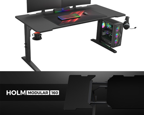 GENESIS HOLM MODULAR 160 pisarniška / gaming miza, modularna, robustna konstrukcija, nastavljiva višina, RGB LED osvetlitev, napeljava kablov, 2x držalo, 160x75cm, črna GENESIS HOLM MODULAR 160 pisarniška / gaming miza, modularna, robustna konstrukcija, nastavljiva višina, RGB LED osvetlitev, napeljava kablov, 2x držalo, 160x75cm, črna
