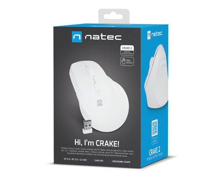 Natec CRAKE 2 vertikalna brezžična miška, 2400DPI, ergonomska, Bluetooth / USB 2.4GHz, 6 gumbov, za desničarje, 1x AA baterija, bela