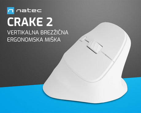 Natec CRAKE 2 vertikalna brezžična miška, 2400DPI, ergonomska, Bluetooth / USB 2.4GHz, 6 gumbov, za desničarje, 1x AA baterija, bela