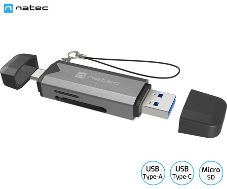 Natec SCARAB 3 čitalnik spominskih kartic, konektor USB Type-A in USB Type-C, max 2TB, 5 GB/s, branje kartic microSD / SDHC / T-Flash, Plug&Play, črno siv