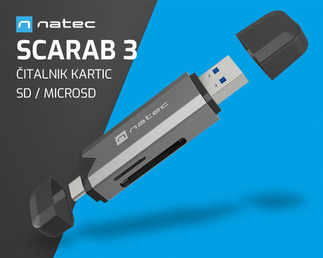 Natec SCARAB 3 čitalnik spominskih kartic, konektor USB Type-A in USB Type-C, max 2TB, 5 GB/s, branje kartic microSD / SDHC / T-Flash, Plug&Play, črno siv