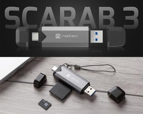 Natec SCARAB 3 čitalnik spominskih kartic, konektor USB Type-A in USB Type-C, max 2TB, 5 GB/s, branje kartic microSD / SDHC / T-Flash, Plug&Play, črno siv
