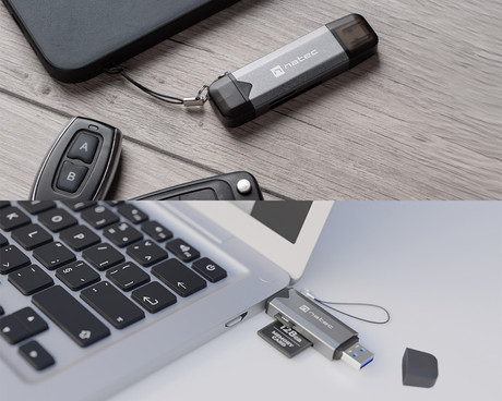 Natec SCARAB 3 čitalnik spominskih kartic, konektor USB Type-A in USB Type-C, max 2TB, 5 GB/s, branje kartic microSD / SDHC / T-Flash, Plug&Play, črno siv