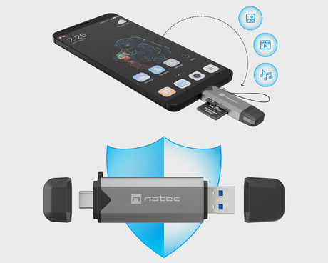 Natec SCARAB 3 čitalnik spominskih kartic, konektor USB Type-A in USB Type-C, max 2TB, 5 GB/s, branje kartic microSD / SDHC / T-Flash, Plug&Play, črno siv