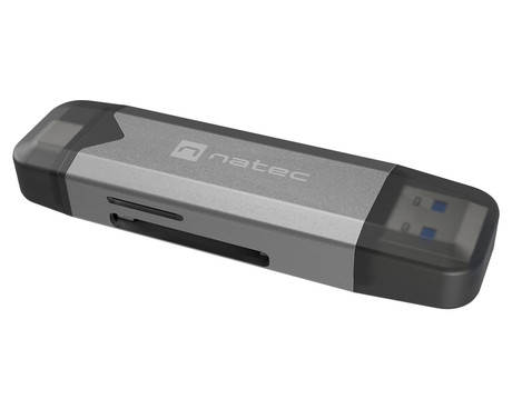 Natec SCARAB 3 čitalnik spominskih kartic, konektor USB Type-A in USB Type-C, max 2TB, 5 GB/s, branje kartic microSD / SDHC / T-Flash, Plug&Play, črno siv
