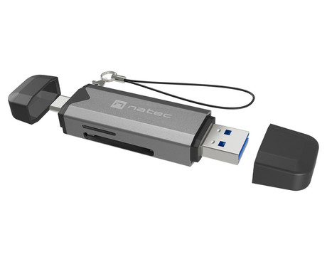 Natec SCARAB 3 čitalnik spominskih kartic, konektor USB Type-A in USB Type-C, max 2TB, 5 GB/s, branje kartic microSD / SDHC / T-Flash, Plug&Play, črno siv