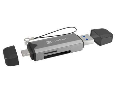 Natec SCARAB 3 čitalnik spominskih kartic, konektor USB Type-A in USB Type-C, max 2TB, 5 GB/s, branje kartic microSD / SDHC / T-Flash, Plug&Play, črno siv