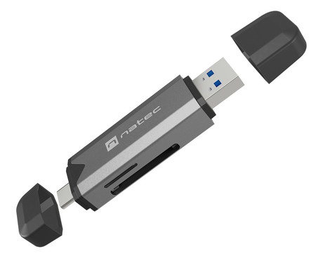 Natec SCARAB 3 čitalnik spominskih kartic, konektor USB Type-A in USB Type-C, max 2TB, 5 GB/s, branje kartic microSD / SDHC / T-Flash, Plug&Play, črno siv