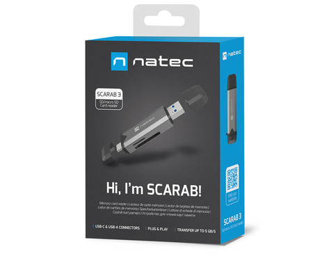 Natec SCARAB 3 čitalnik spominskih kartic, konektor USB Type-A in USB Type-C, max 2TB, 5 GB/s, branje kartic microSD / SDHC / T-Flash, Plug&Play, črno siv