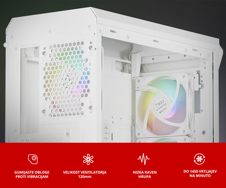 GENESIS OXAL 120 ARGB ventilator za računalnik / ohišje, univerzalni, 120mm velikost, do 1450 RPM, ultra tiho delovanje, blazinice proti vibracijam, ARGB LED osvetlitev, 3-PIN konektor, bel