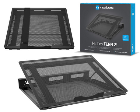 Natec TERN 2 stojalo za prenosnike, do 17.3", 8 stopenj naklona, kovina, organizacija kablov, visokokakovostni materiali, protizdrsni elementi, zložljiva oblika, črno